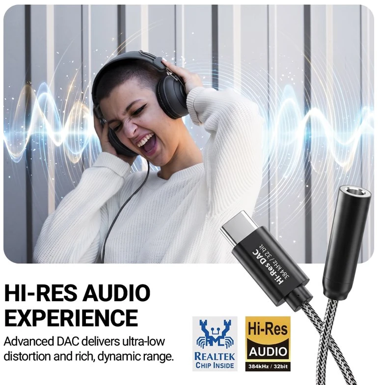 Dėklas USB-C į 3,5 mm garso adapteris su DAC Crong Armor Link, 10 cm, juodas