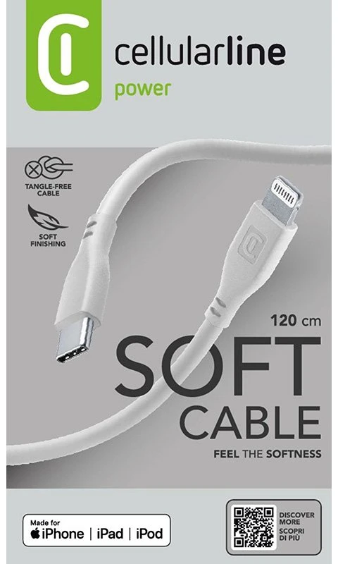 „Cellular Line Cellularline Soft Cable“ – USB-C į „Lightning“ laidas, sertifikuotas MFi, 1,2 m, pilkas