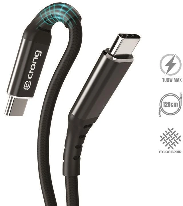 „Crong Armor Link“ – USB-C į USB-C 100 W 5 A pintas kabelis, maitinimo tiekimas, greitas įkrovimas, 120 cm juodos spalvos
