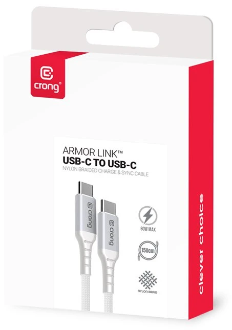 Crong Armor Link - 60W PD 3A USB-C to USB-C Cable 25cm baltas