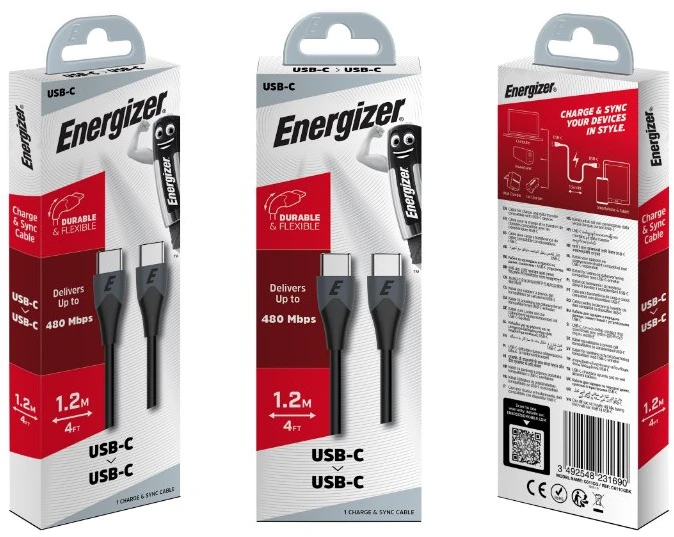 „Energizer Classic“ – USB-C į USB-C jungiamasis laidas, 1,2 m, Juodas