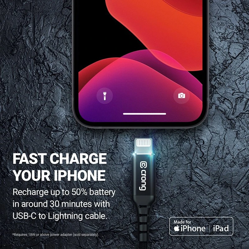 „Crong Armor Link“ – USB-C laidas su „Lightning Fast Charging“ sertifikatu, MFi 150 cm (juodas)