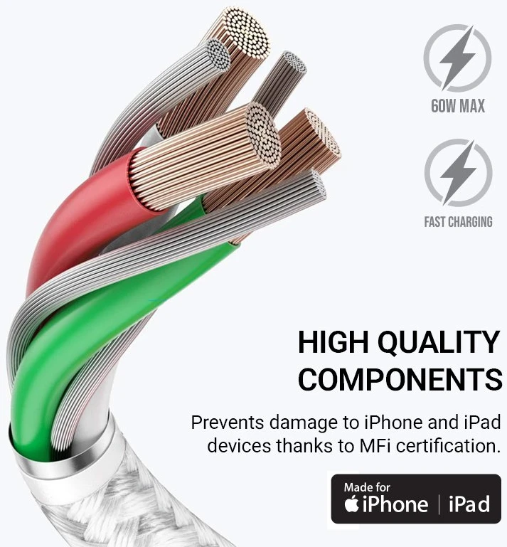 „Crong Armor Link“ – USB-C į „Lightning“ greito įkrovimo MFi laidas, 150 cm, baltos spalvos