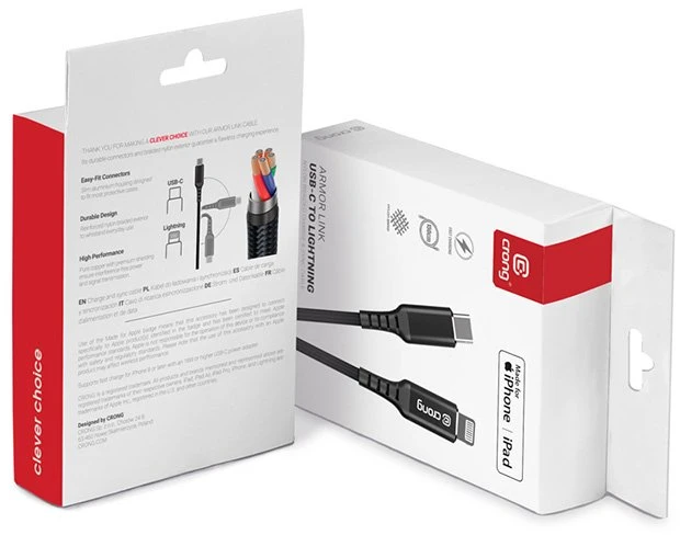 „Crong Armor Link“ – USB-C laidas su „Lightning Fast Charging“ sertifikatu, MFi 150 cm (juodas)