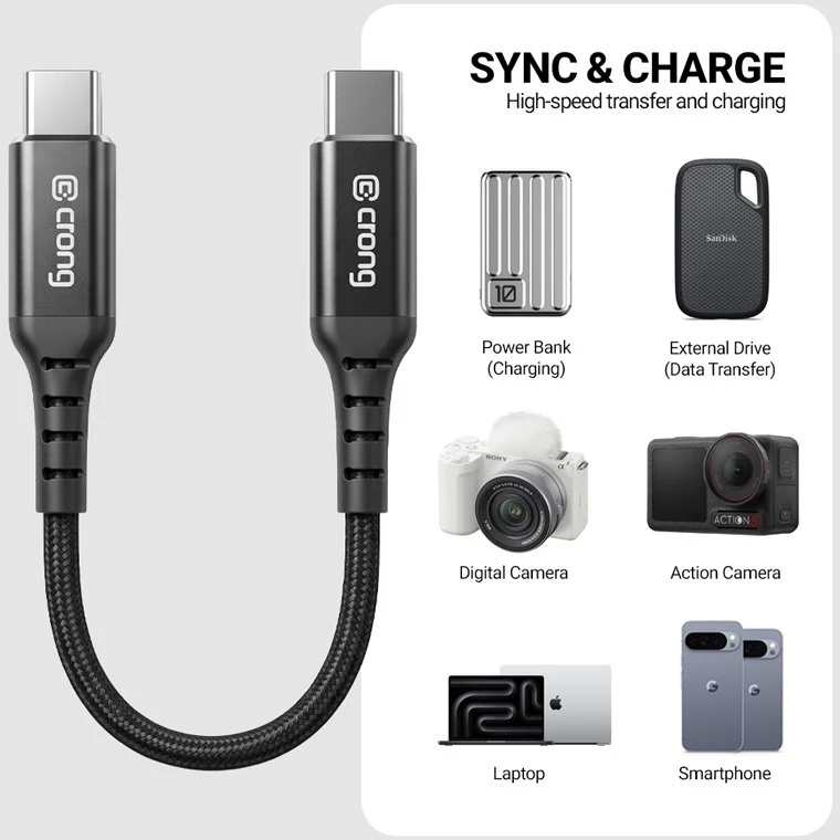 Dėklas USB-C–USB-C laidas 60 W Crong Armor Link, 25 cm, juodas
