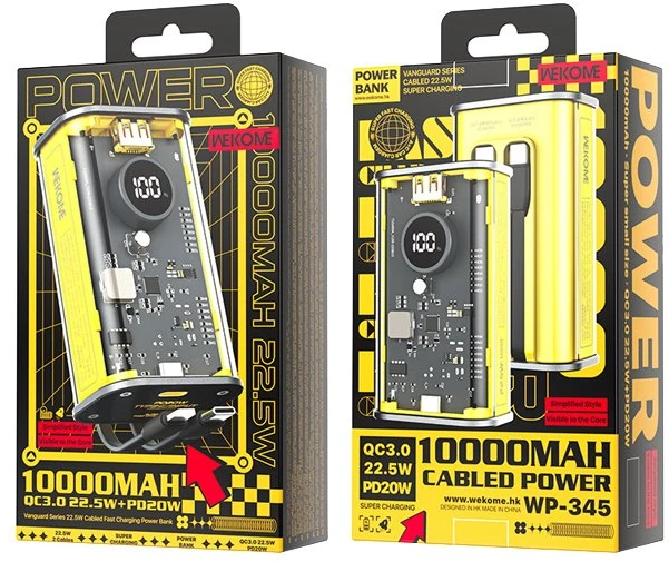 „WEKOME WP-345 Vanguard“ serijos – 10000 mAh įkroviklis su greitu įkrovimu, integruotu USB-C ir „Lightning PD 20W“ laidu + QC 22,5 W Geltona