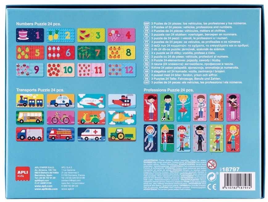 Dėlionė APLI Kids 3 žaidimai: Miestas - transportas, profesijos, skaičiai