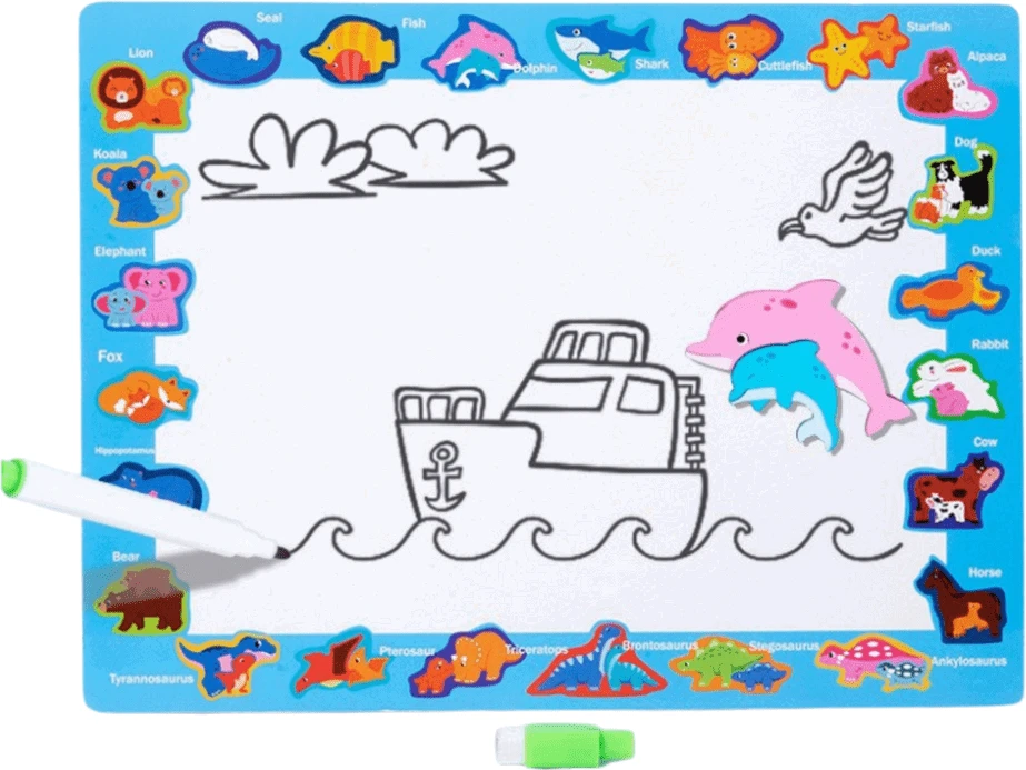 Lean Toys Medinė edukacinė dėlionė su dinozaurais ir piešimo lenta, 30 x 22.5 cm