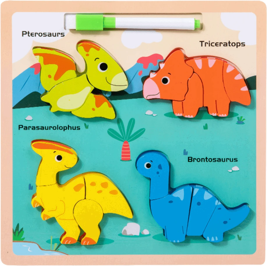 Lean Toys Medinė edukacinė dėlionė su dinozaurais ir piešimo lenta
