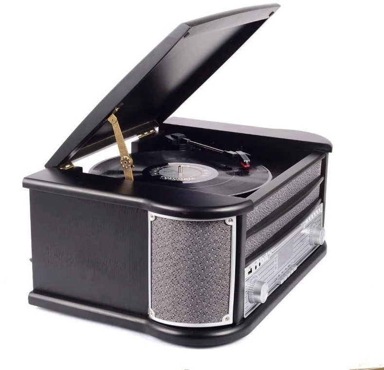 Muzikinis centras Medinis retro muzikos centras Denver MRD-51 su juodu patefonu