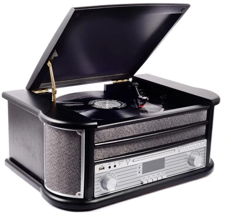 Muzikinis centras Medinis retro muzikos centras Denver MRD-51 su juodu patefonu