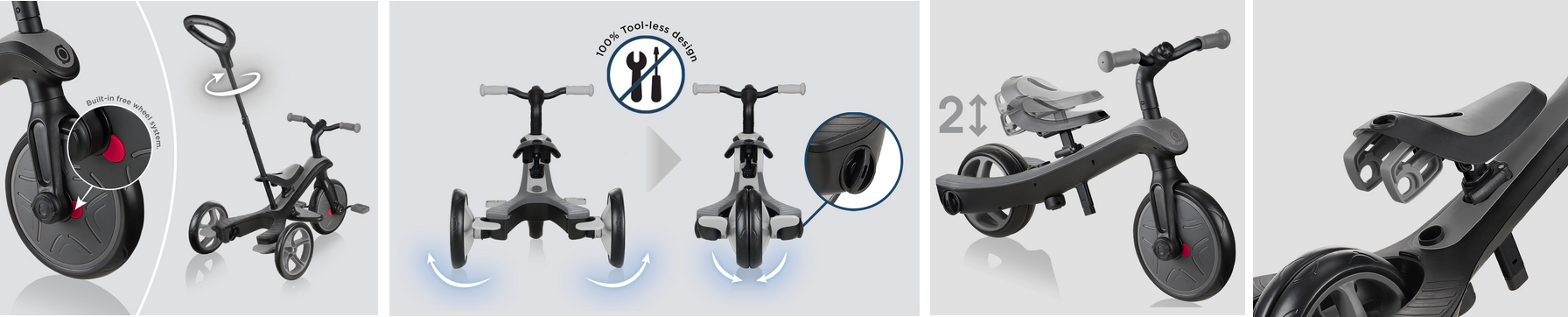 Daugiafunkcinis triratukas Globber Explorer Trike 4in1, pilkas, 633-120 aprašymas - Prekės nuotrauka