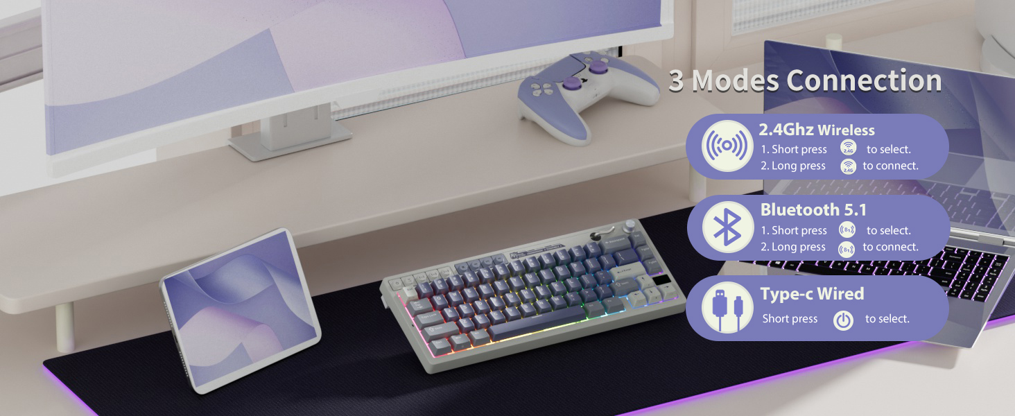 Royal Kludge M65 RGB Ocean Mėlyna belaidė klaviatūra | 60%, Hot-swap, Creamy switches, US aprašymas - Prekės nuotrauka