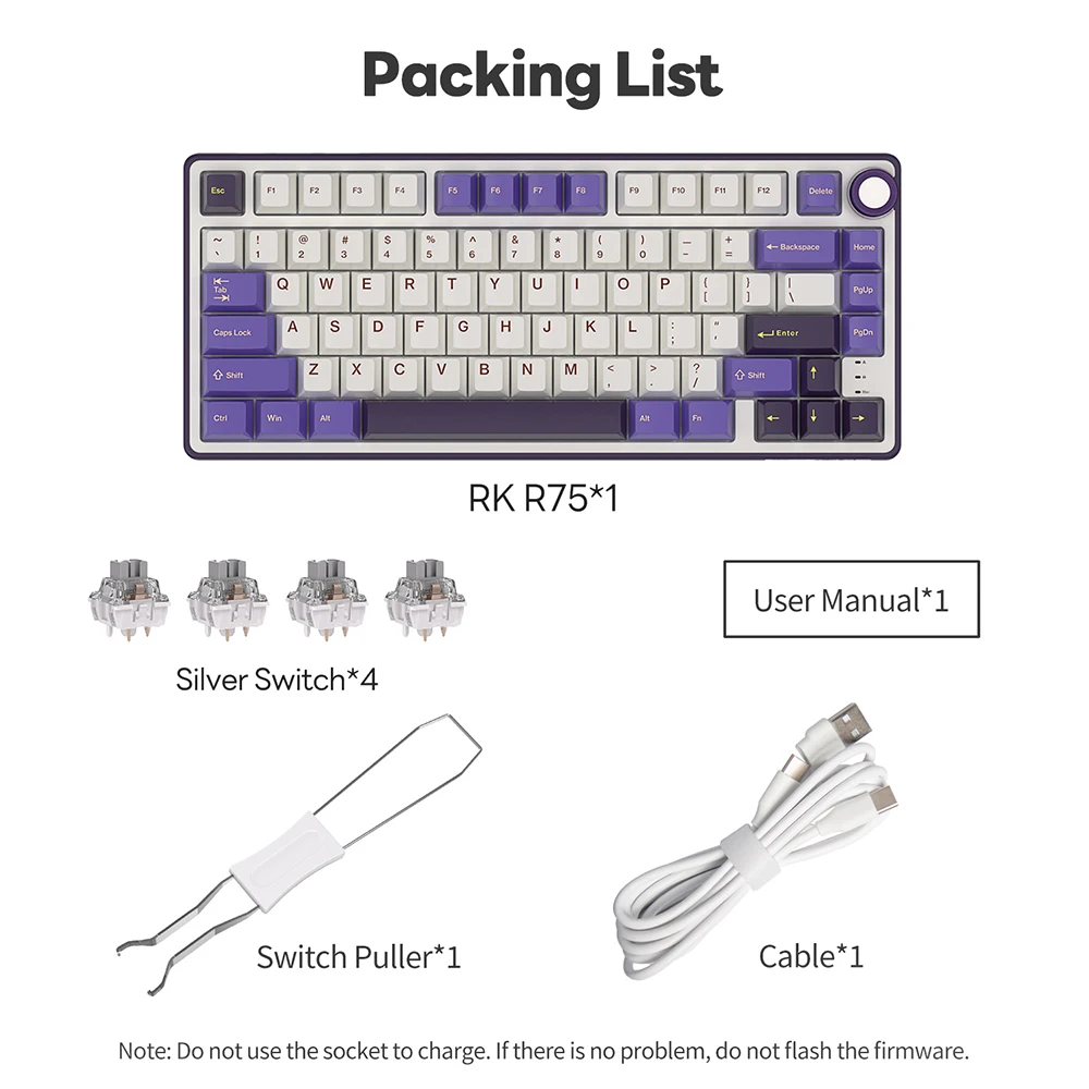 Royal Kludge RK R75 RGB Blackberry laidinė klaviatūra | 75%, Hot-swap, Sidabrinis switches, US aprašymas - Prekės nuotrauka