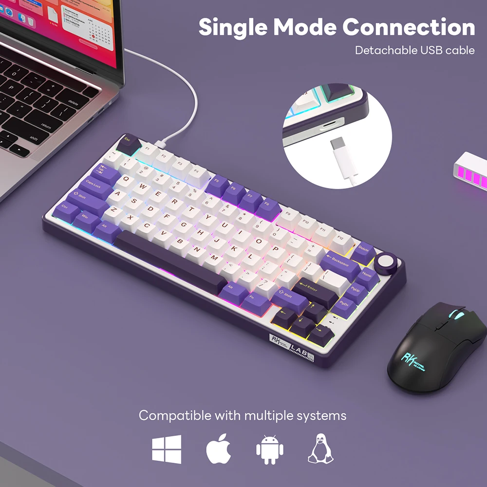 Royal Kludge RK R75 RGB Blackberry laidinė klaviatūra | 75%, Hot-swap, Sidabrinis switches, US aprašymas - Prekės nuotrauka