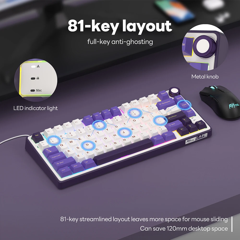 Royal Kludge RK R75 RGB Blackberry laidinė klaviatūra | 75%, Hot-swap, Sidabrinis switches, US aprašymas - Prekės nuotrauka