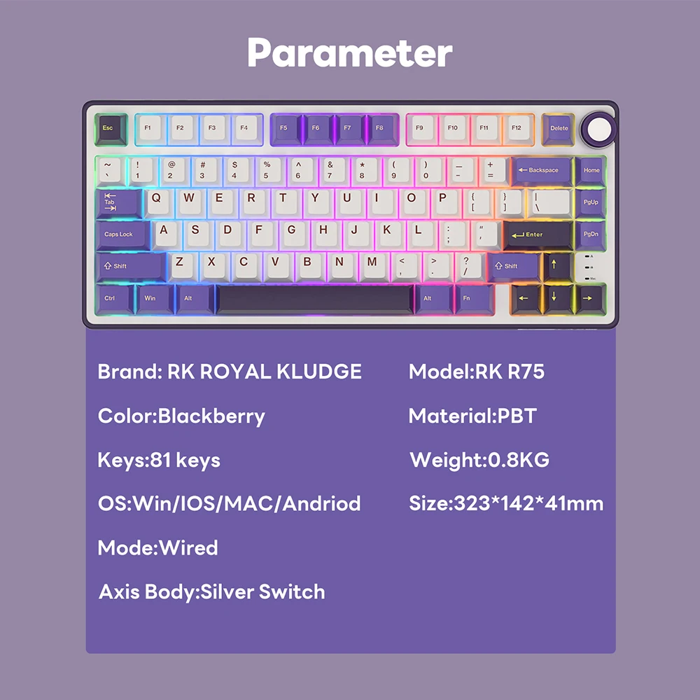 Royal Kludge RK R75 RGB Blackberry laidinė klaviatūra | 75%, Hot-swap, Sidabrinis switches, US aprašymas - Prekės nuotrauka