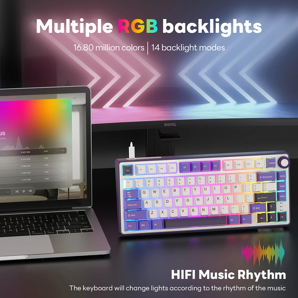 Royal Kludge RK R75 RGB Blackberry laidinė klaviatūra | 75%, Hot-swap, Sidabrinis switches, US aprašymas - Prekės nuotrauka