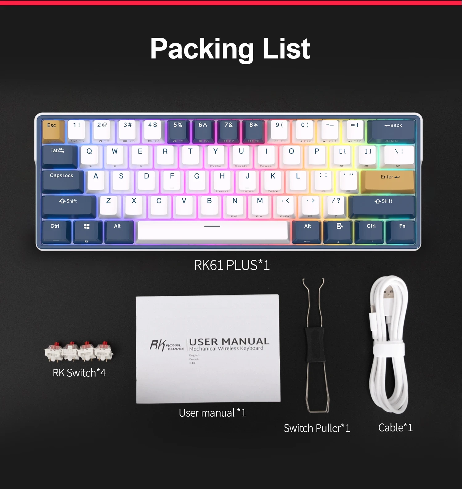Klaviatūra Royal Kludge RK61 Plus (Juoda/Mėlyna) aprašymas - Prekės nuotrauka