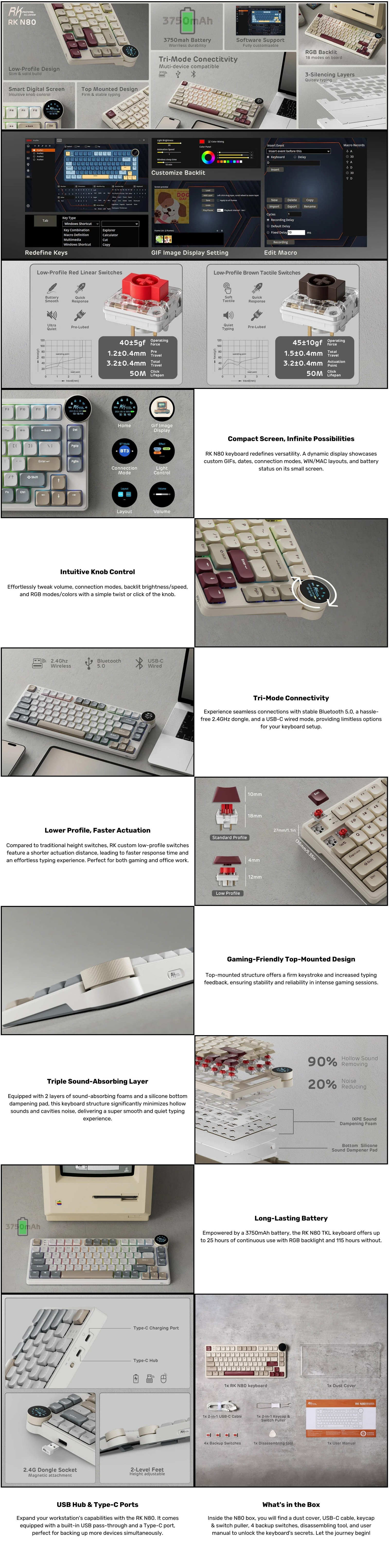 Royal Kludge RK N80 RGB Rosy Clouds belaidė klaviatūra |75%, Hot-swap, Raudona switches, US aprašymas - Prekės nuotrauka