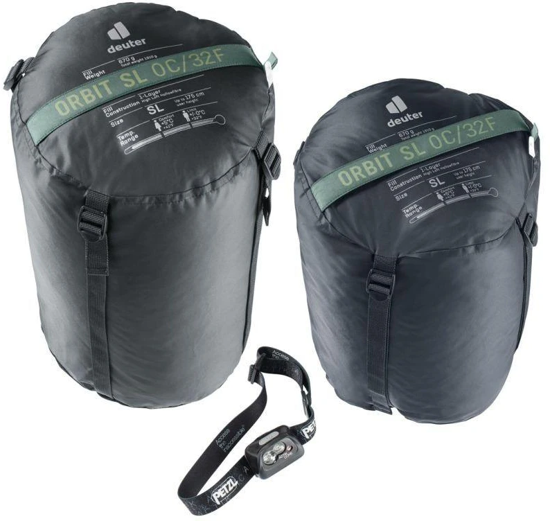 „Deuter Orbit SL 0°C/32°F“ suaugusiųjų mumijos formos miegmaišis, audinys – polietileno sulfonatas (PES), „Ripstop“ žalias