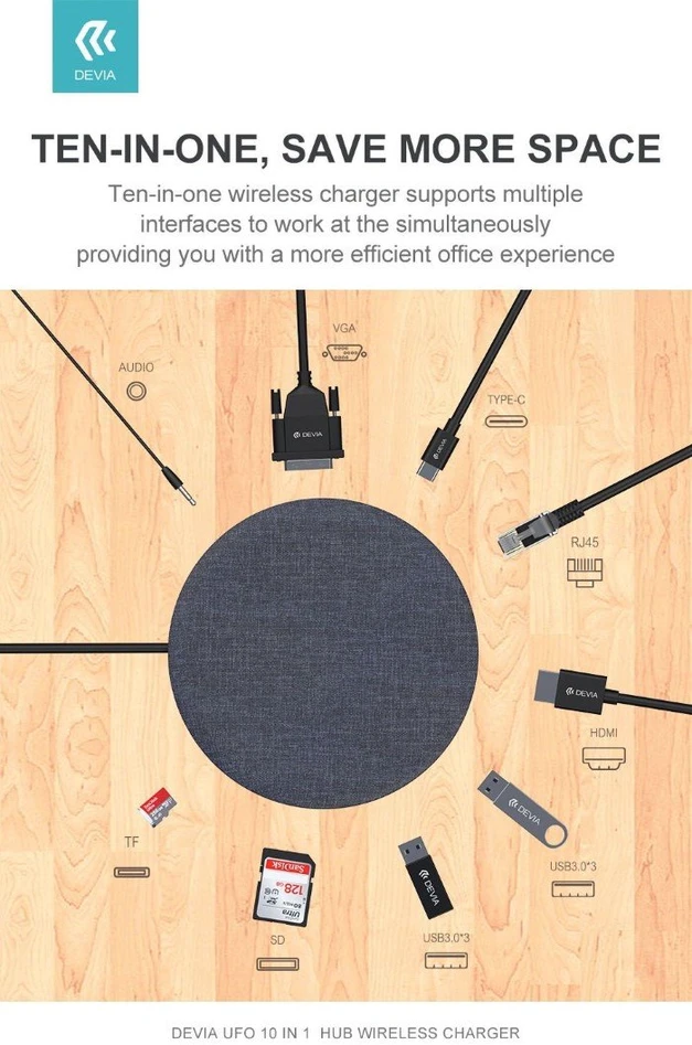 Devia UFO 10in1 USB-C šakotuvas su belaidžiu įkrovimu, pilkas