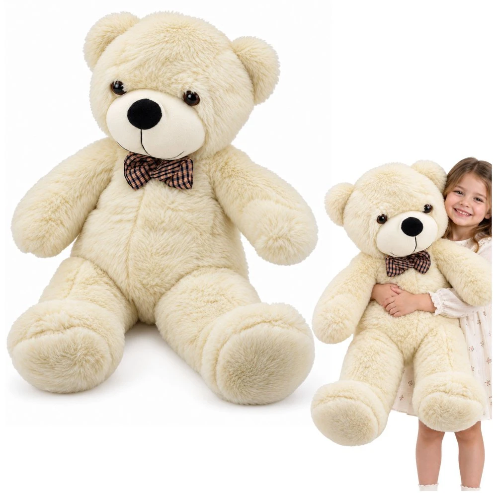 Lean Toys Pliušinis meškiukas su languotu kaspinu, kreminės baltos spalvos, 120 x 45 x 35 cm