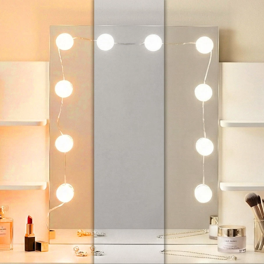 Didelis kosmetinis staliukas su veidrodžiu ir LED apšvietimu, 3 spalvų režimai, lentynos, stalčiai ModernHome