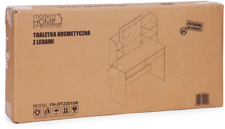 Didelis kosmetinis staliukas su veidrodžiu ir LED apšvietimu, 3 spalvų režimai, lentynos, stalčiai ModernHome