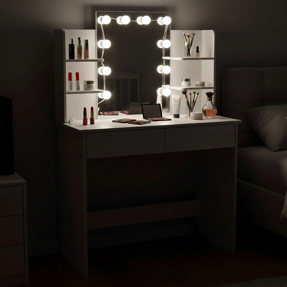 Didelis kosmetinis staliukas su veidrodžiu ir LED apšvietimu, 3 spalvų režimai, lentynos, stalčiai ModernHome