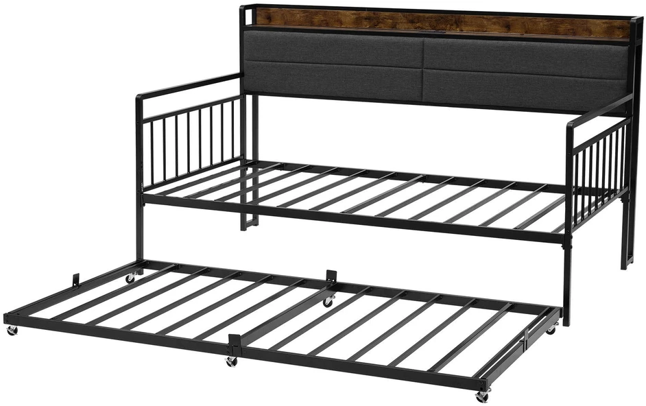 VEVOR Dvigulė metalinė sofa-lova su ištraukiama lova, USB ir daiktadėže, juoda. Sofa lova, dvivietė lova, svečių lova