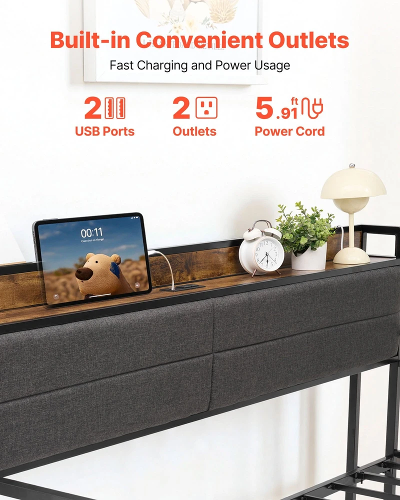 VEVOR Dvigulė metalinė sofa-lova su ištraukiama lova, USB ir daiktadėže, juoda. Sofa lova, dvivietė lova, svečių lova