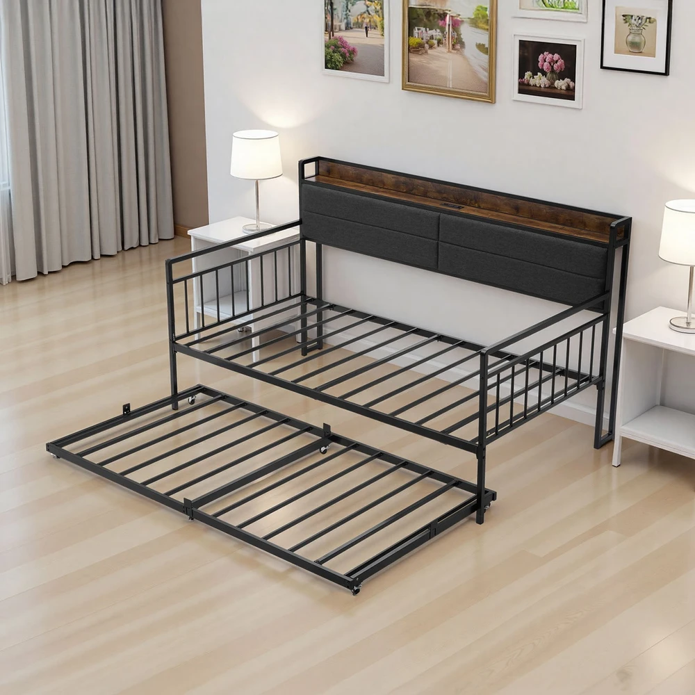 VEVOR Dvigulė metalinė sofa-lova su ištraukiama lova, USB ir daiktadėže, juoda. Sofa lova, dvivietė lova, svečių lova