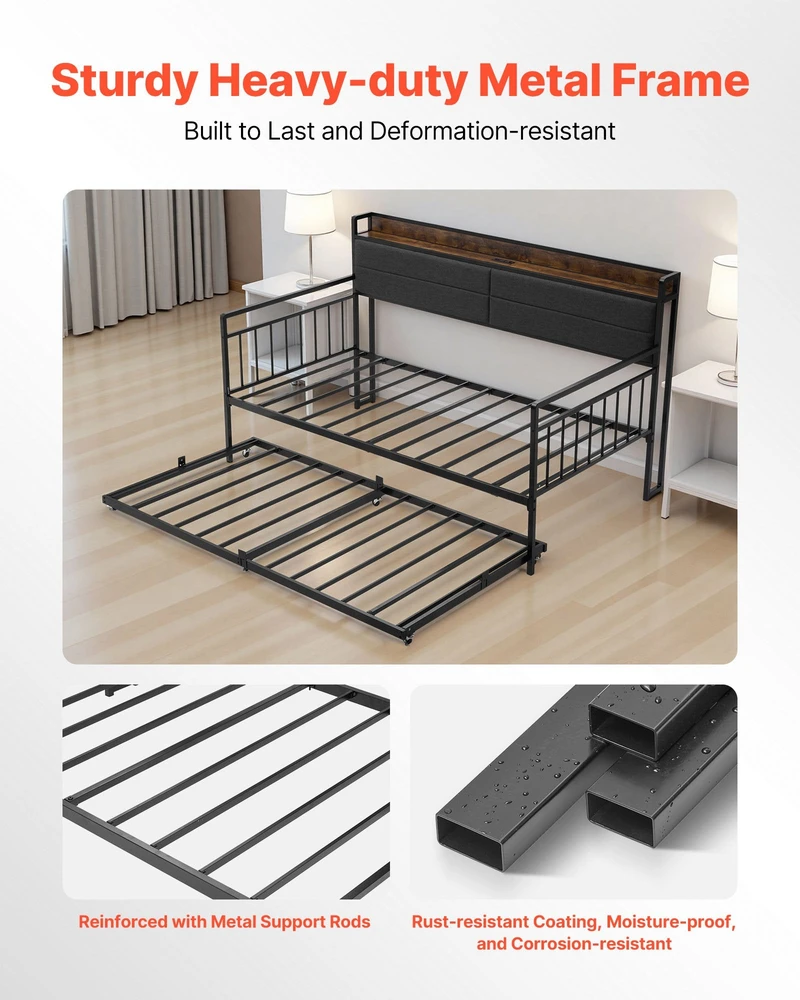 VEVOR Dvigulė metalinė sofa-lova su ištraukiama lova, USB ir daiktadėže, juoda. Sofa lova, dvivietė lova, svečių lova