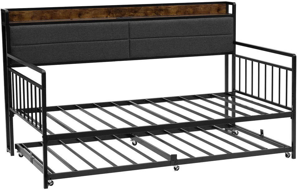 VEVOR Dvigulė metalinė sofa-lova su ištraukiama lova, USB ir daiktadėže, juoda. Sofa lova, dvivietė lova, svečių lova