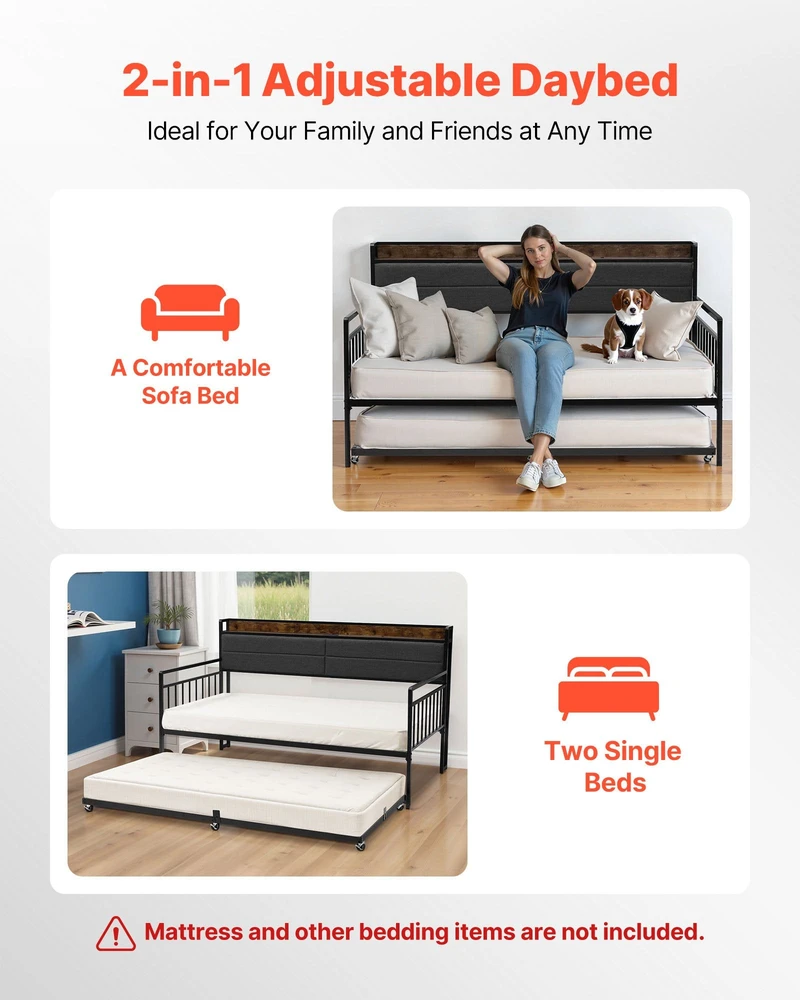 VEVOR Dvigulė metalinė sofa-lova su ištraukiama lova, USB ir daiktadėže, juoda. Sofa lova, dvivietė lova, svečių lova