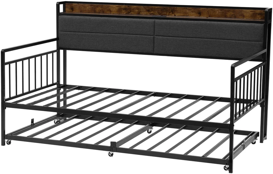 VEVOR Dvigulė metalinė sofa-lova su ištraukiama lova, USB ir daiktadėže, juoda. Sofa lova, dvivietė lova, svečių lova