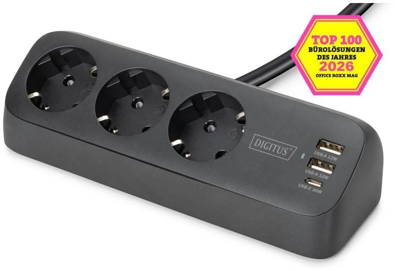 „Digitus“ 3 krypčių biuro lizdų juosta su 2 USB-A ir 1 USB-C jungtimis | DA-70625