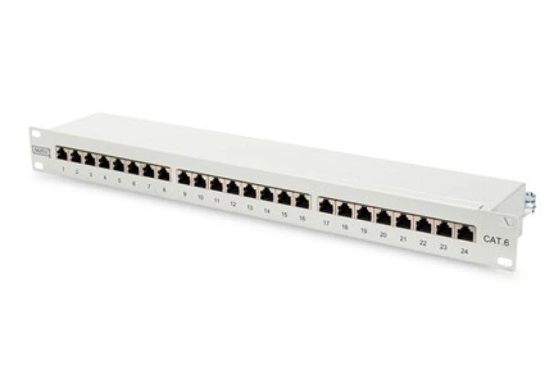 Digitus komutacinis skydas 19'' 24x RJ45, LSA jungtys, cat.6, ekranuotas, 1U, pilkas, su kabelių tvarkykle