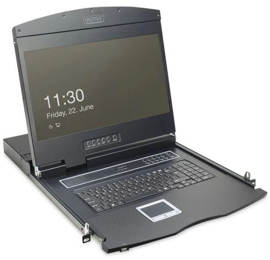 Assmann Electronic DIGITUS modulinė 48,3 cm 19 colių TFT konsolė su 8 prievadų KVM US klaviatūra RAL 9005 juodos spalvos