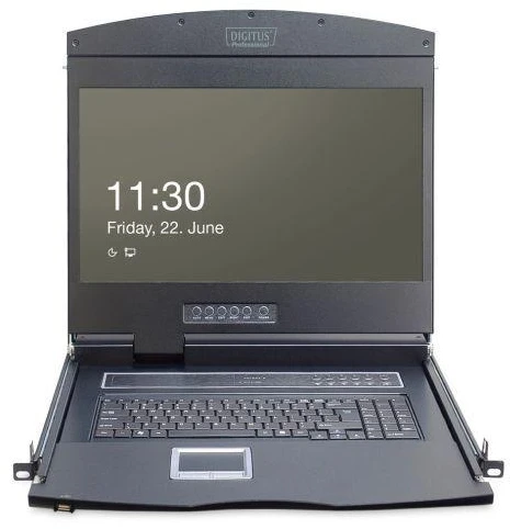 Assmann Electronic DIGITUS modulinė 48,3 cm 19 colių TFT konsolė su 8 prievadų KVM US klaviatūra RAL 9005 juodos spalvos