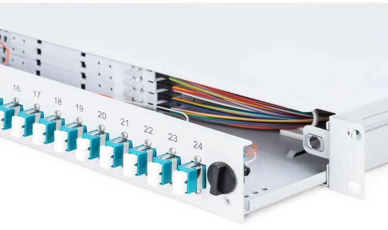 Assmann Electronic DIGITUS šviesolaidinis stumdomas sujungimo dėžė 1U Įrengtas 24x LC dupleksas, įskaitant. M 25 Screw Splice Cassette OM3 Color Pigtails Adapteris