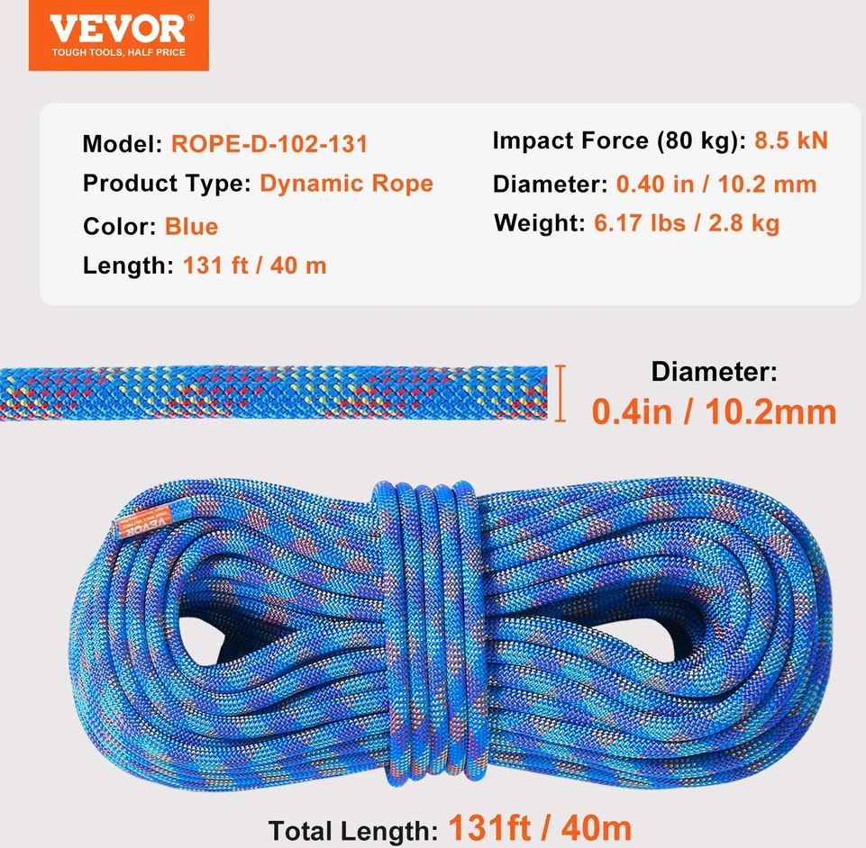 VEVOR 10,2 mm dinaminė alpinizmo virvė 40 m mėlyna