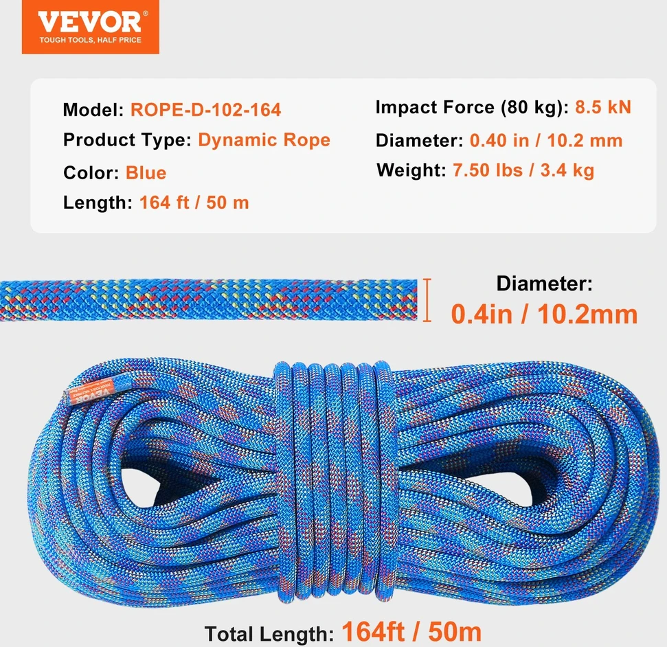 VEVOR 10,2 mm dinaminė laipiojimo virvė 50 m