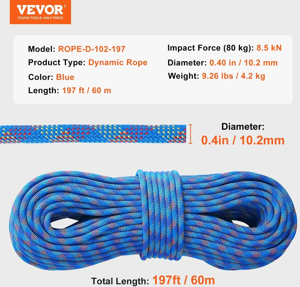 VEVOR 10,2 mm dinaminė kopimo virvė 60 m mėlyna