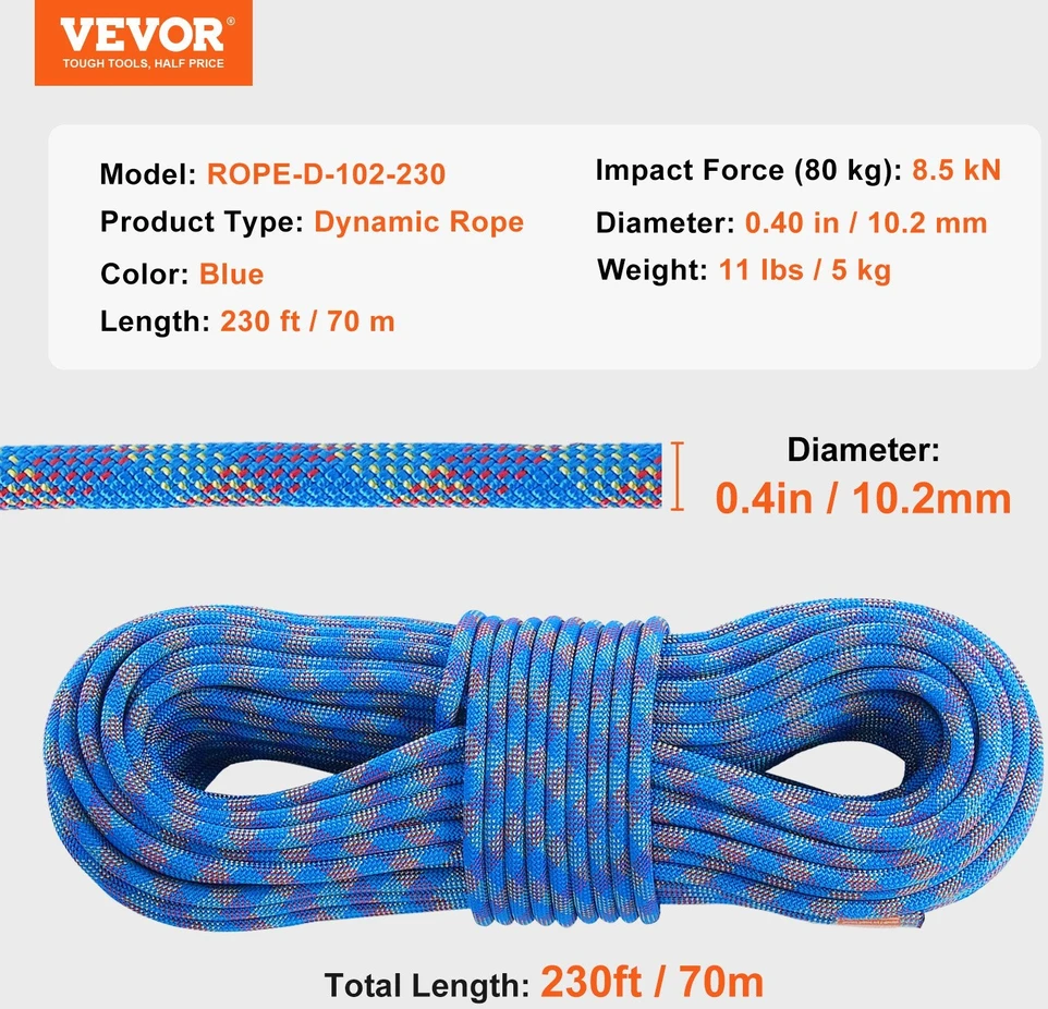 VEVOR 10,2 mm dinaminė laipiojimo virvė 70 m