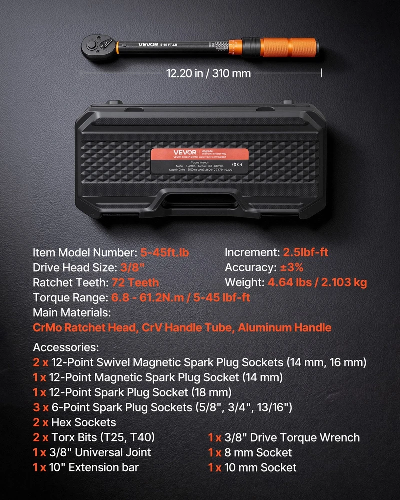 Dinamometrinis raktas VEVOR 5-45ft.lb, 3/8", 6,8–61,2 Nm