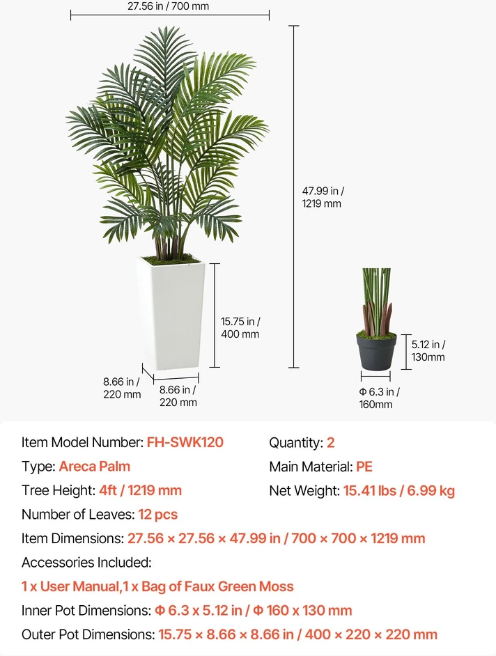 VEVOR 121 cm dirbtinės arekos palmės su vazonu