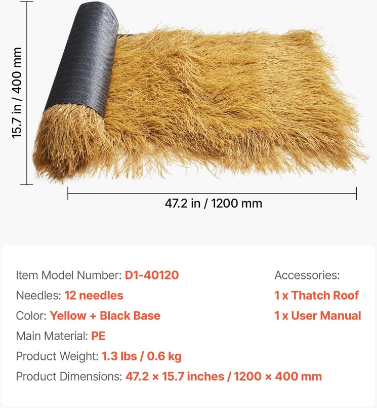 VEVOR Šiaudinis stogas baro dekorui 0.4 x 1.2 m