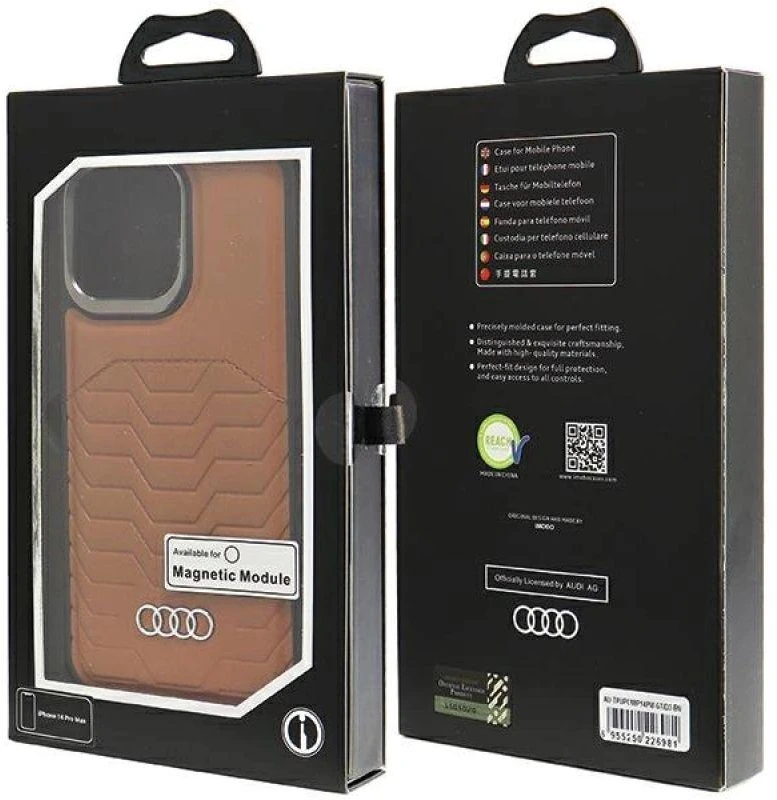 Audi Synthetic Leather MagSafe Apple iPhone 14 Pro Max 6.7″ rudos spalvos kietas dėklas AU-TPUPCMIP14PM-GT/D3-BN